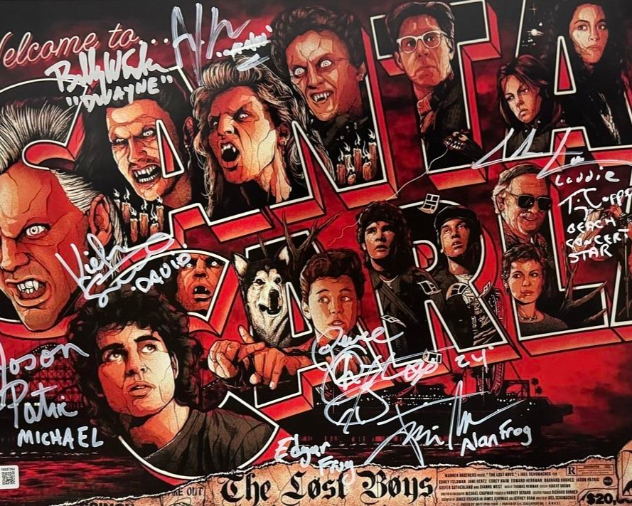 The Lost Boys Cast Signed 11x17 w/Kiefer Sutherland signed by 8 all with character name - Beckett COA
